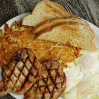 Pork Chop & Eggs · Pork chop, two large eggs. Served with hashbrowns toast and jelly.