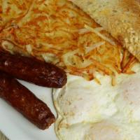 Ranch Breakfast · Your choice of bacon, sausage (link or patty) or ham, two large eggs hashbrowns, toast and j...