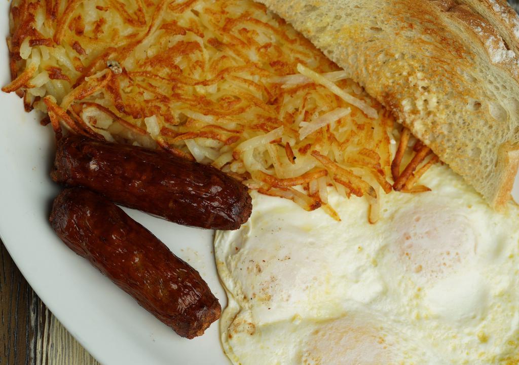 Ranch Breakfast · Your choice of bacon, sausage (link or patty) or ham, two large eggs hashbrowns, toast and jelly.