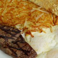 Steak & 2 Eggs · Sirloin, two large eggs hashbrowns, toast and jelly.