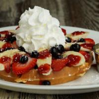 Fruit Medley Waffle · Waffle Topped with Strawberries, blueberries, and bananas