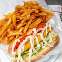 Fresh Fish Sandwich · Sandwich with fries.