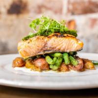 Grilled Salmon · served with fingerling potatoes, green beans, honey mustard, tarragon pistou, creme fraiche,...