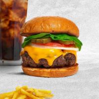 Cheese Burger · American beef patty (1/3 lb.) topped with lettuce, melted cheese, tomato and pickles.