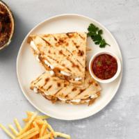 Chicken Quesadilla · Chicken, green peppers, and onions wrapped with cheddar cheese in a grilled tortilla. Served...