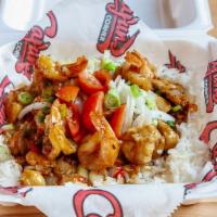 Plunkened Chicken And Shrimp · Sauteed chicken and shrimp w/onions, garlic, and bell peppers over jasmine rice.