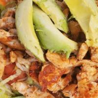 Grilled Chicken Avocado Salad · Grilled chicken, lettuce, tomatoes, cucumber, onions, peppers, cheese, and fresh cut avocado...