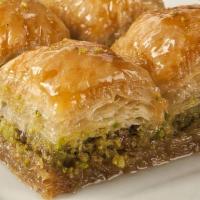 Bakalava · Crunchy shredded phyllo dough is baked with a layer of sweet cheese and syrup.
