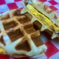 Baron- Bacon  · Egg, sharp cheddar cheese, and chopped bacon inside our sweet Crown style waffle.