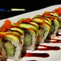 Dragon · Special roll. Eel, cucumber, topped with avocado, eel sauce.