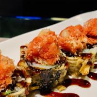 Broadway · Crab meat, avocado deep fried topped with spicy crunchy tuna, house special sauce.