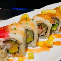 Sexy On The Beach · Crabmeat, avocado, and cucumber inside, topped with shrimp, tuna, salmon, white tuna and red...