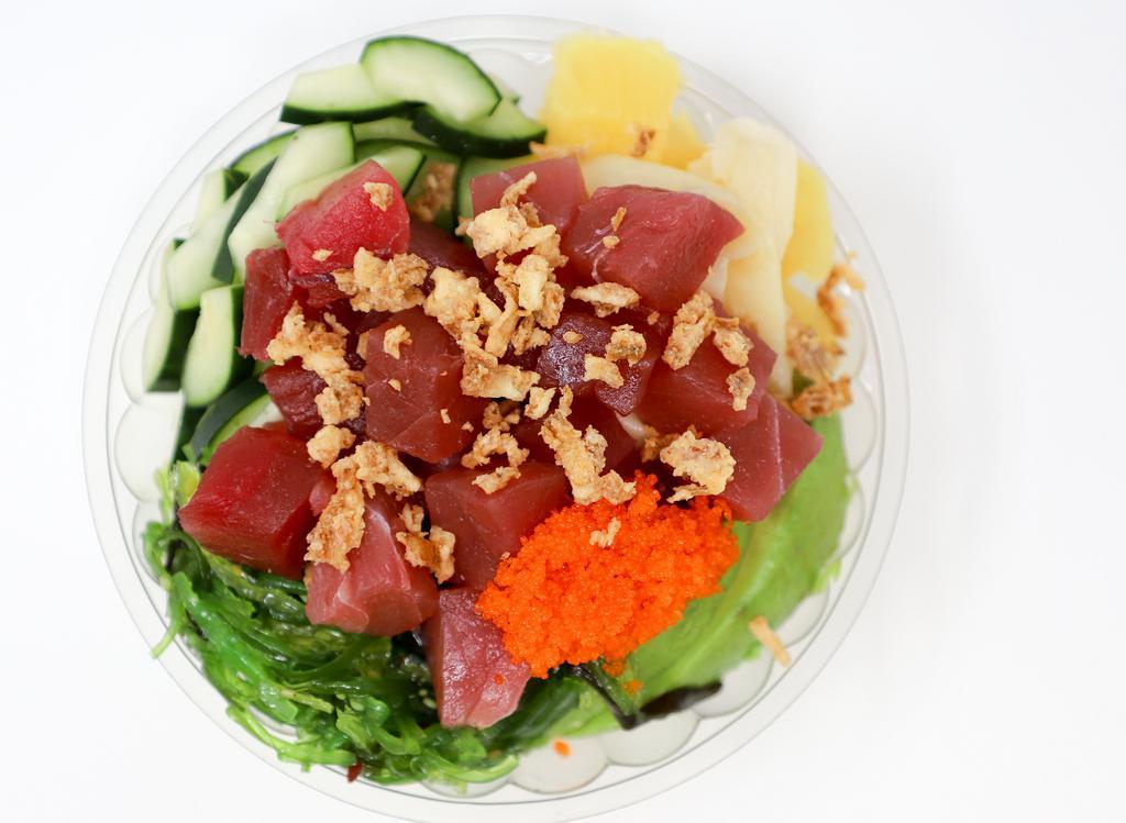 Classic Fusion Poke · Ahi tuna, cucumber, pineapple, pickled ginger, avocado, masago, seaweed salad, crunchy onion, house fusion sauce.