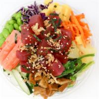 Sumo Poke · Ahi tuna, cucumber, edamame, pineapple, shredded carrot, red cabbage, pineapple, kanikama, t...