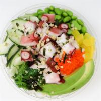 Tako Poke · Octopus, edamame, cucumber, pickled ginger, pickled daikon, avocado, masago, seaweed salad, ...