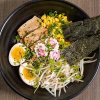 Miso Ramen · Pork chashu, boiled egg, bean sprout, fish cake, corn, nori.