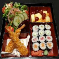 Sushi Bento Box · Tuna, Salmon, Yellowtail & Cucumber maki rolls, panko fried shrimp, spring mix salad, fresh ...