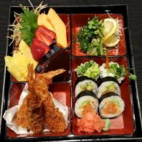 Premium Bento Box · choice of Spicy Salmon, Spicy Tuna, Philly or Dynamite roll, served with panko fried shrimp,...