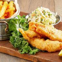 Fish And Chips · northern lager-battered fish, served with malt vinegar fries, creamy coleslaw and house-made...