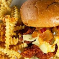 Spicy Chicken Sandwich · crispy buttermilk-fried chicken tossed in buffalo sauce and topped with pepper-jack cheese. ...