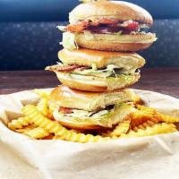Millionaire'S Blt Slider Tower · brioche slider buns slathered with homemade lemon aioli and topped with fresh lettuce, roma ...