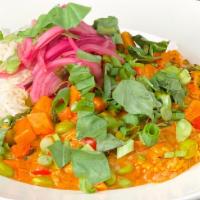 Thai Red Curry · Vegetarian, vegan, gluten free. Red curry packed with sweet potatoes, zucchini, edamame, bel...