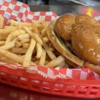 Big Bros. Pretzel Burger · 1/4 lb. burger, cheese, grilled onions, pickle, lettuce, tomato, and house sauce.