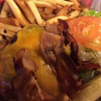The Bags Burger · Topped with cheddar cheese and maple bacon.