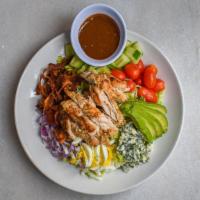 Chicken Cobb · Chargrilled chicken breast, cucumber, tomato, red onion, egg, blue cheese, bacon and avocado...