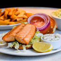 Salmon Sandwich · Fresh salmon fillet sandwich includes award winning Cole Slaw and choice of potato or fresh ...