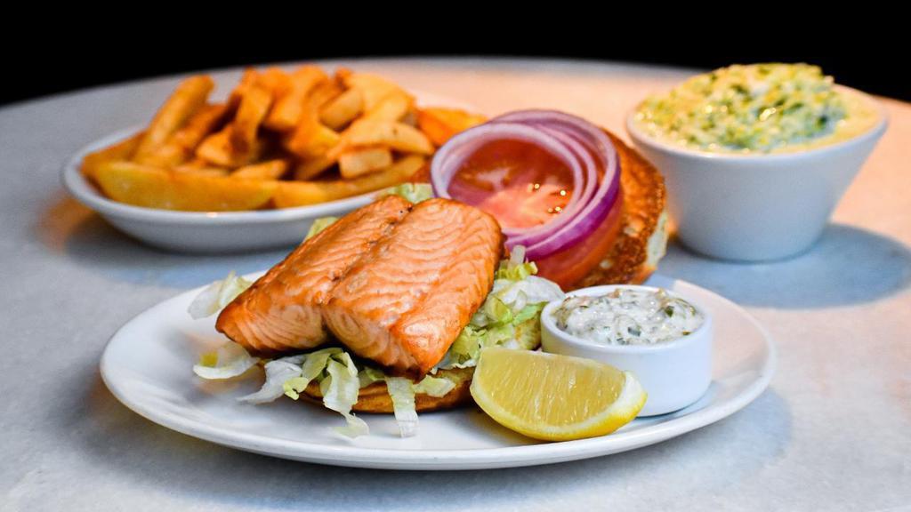 Salmon Sandwich · Fresh salmon fillet sandwich includes award winning Cole Slaw and choice of potato or fresh green vegetable.
