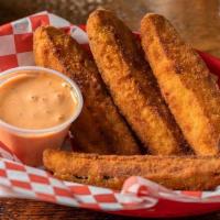 Fried Pickles · ★ For in-house prices, order direct on Hangry.io ★
Dill pickle spears fried to a golden cris...