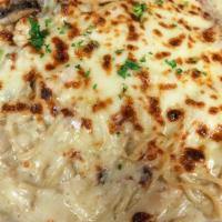 Chicken Tetrazzini · Chicken and mushroom lightly sautéed and cooked with a white cream sauce and mozzarella chee...