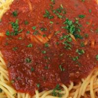 Spaghetti · Choice of meatballs or sausage.