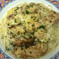 Chicken Limone · Boneless breast of chicken sautéed in an egg batter topped with white wine and lemon sauce. ...