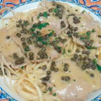  Veal Picante · Tender veal sautéed in a white wine and lemon sauce topped with capers. Served over linguine...