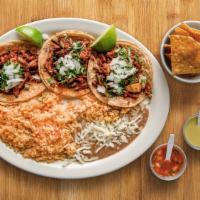 Taco Dinner (Three )Please Choose Meat. · Please choose Meat steak, chicken, Pork ...
Three tacos with rice and beans.
Inlude :Cilantr...