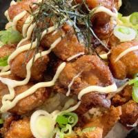 Chicken Karaage Don · Boneless Japanese fried chicken, homemade sweet and sour teriyaki sauce, green onions, QP ma...