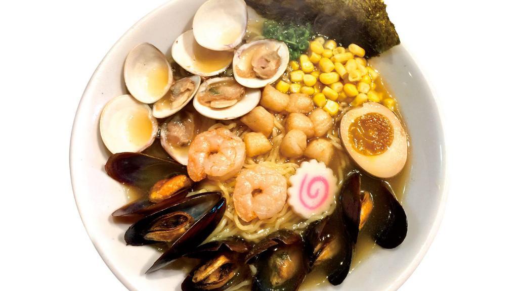 Seafood Shio Ramen · Japanese salt flavor broth, shrimps, scallops, clams, mussels, naruto, corn, egg, green onion, and nori.