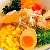 Japanese Style Cold Noodle Hiyashi Chuka · Chashu, carrots, bean sprouts, green onion, egg, wakame, bamboo shoots, corn, naruto, red gi...