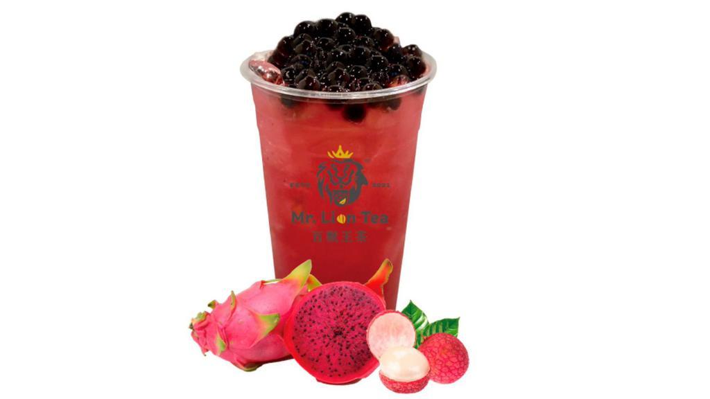 Dragonfuit Lychee Oolong Tea · Oolong tea with dragonfruit and lychee flavors. Comes with boba.
