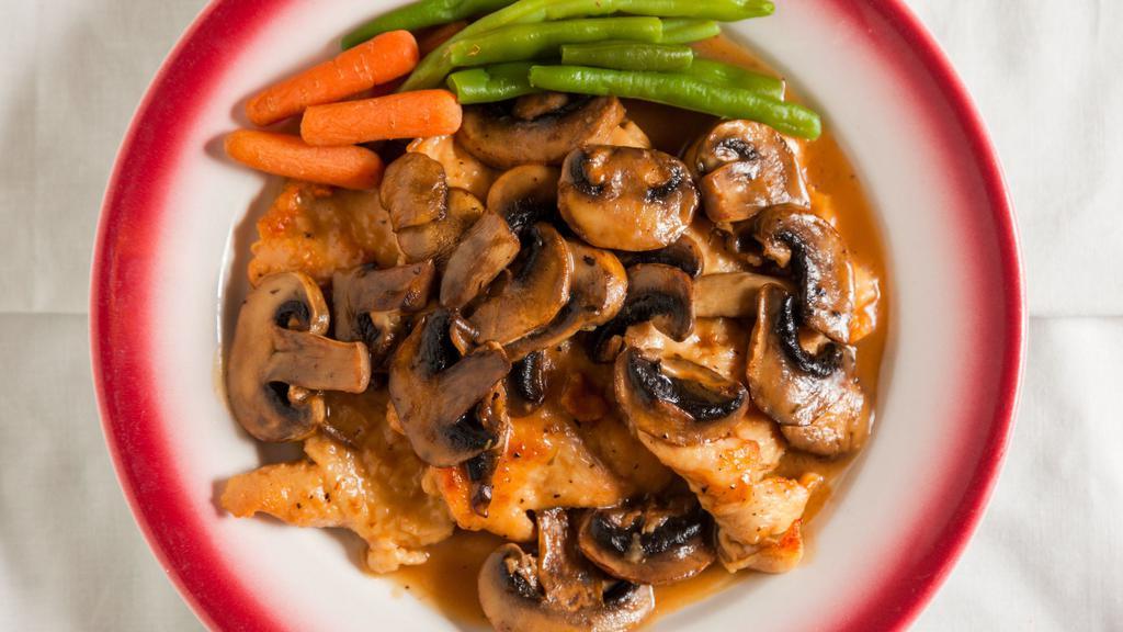 Chicken Marsala · Sautéed in a marsala wine sauce with mushrooms. Served with a side of mostaccioli and vegetable.