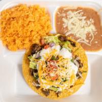  Tostada Plate · Only One Tostada with Beans,Meat, Shredded Cheese,Lettuce,Tomato,Onion,Cilantro and Sour Cre...