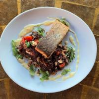 Pan Seared Salmon · Braised baby fennel, peas, sunchoke puree, chive oil