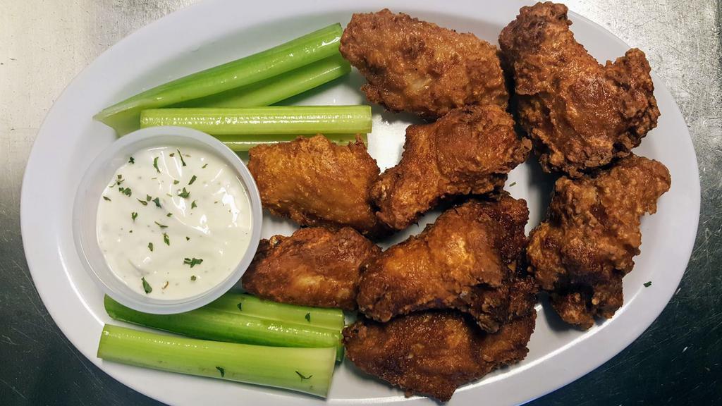 Chicken Wings Regular · eight meaty wings served with a side of bleu cheese and celery sticks.