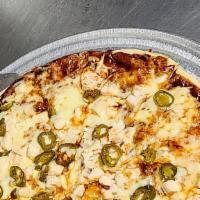 Bbq Chicken Jalapeño · crust topped with BBQ sauce, cheese, chicken, and jalapeño.