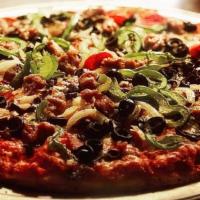 The Deluxe Pizza · sausage, pepperoni, mushrooms, onions, black olives, and green peppers.