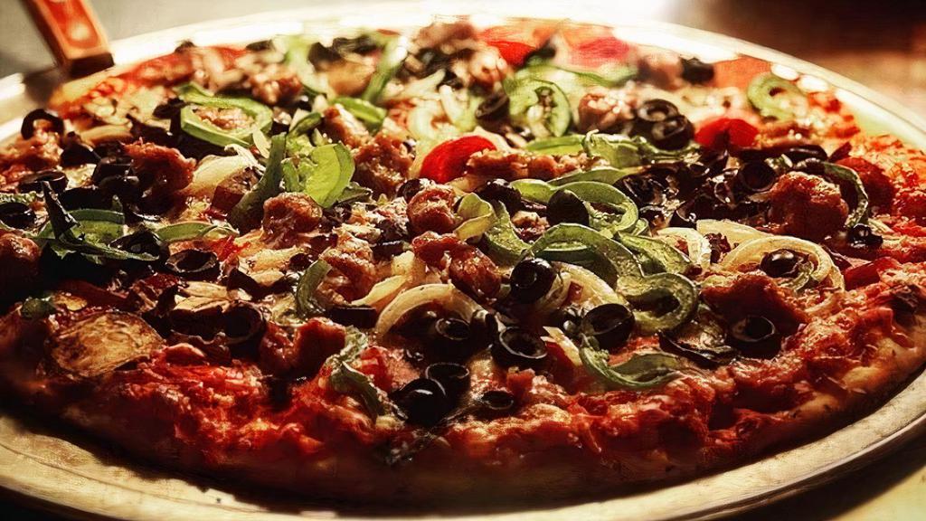 The Deluxe Pizza · sausage, pepperoni, mushrooms, onions, black olives, and green peppers.