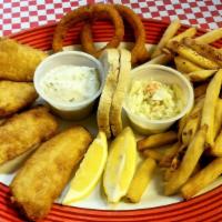 Fish Fry-Served Every Day · serving Icelandic cod, fries, onion rings, coleslaw, and tartar sauce.