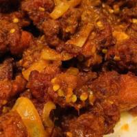 ) Hyderabadi Chicken 65 · South Indian style crisp chicken peppers.
